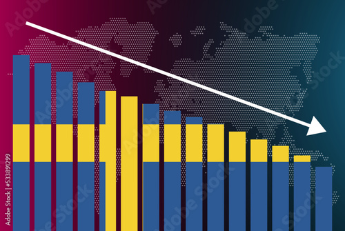 Sweden bar chart graph, decreasing values, crisis and downgrade concept, news banner idea, fail and decrease