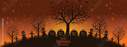 Scary with dead tree evil pumpkins and graveyard Facebook cover page template 20