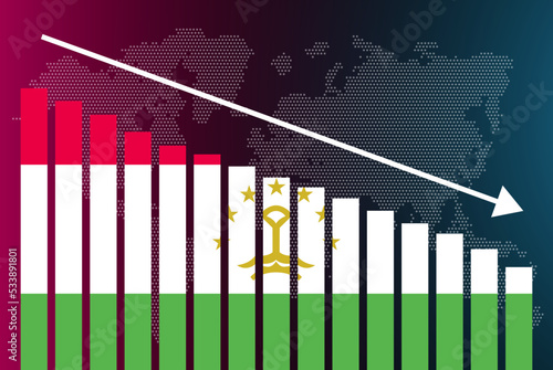 Tajikistan bar chart graph, decreasing values, crisis and downgrade concept, news banner idea, fail and decrease
