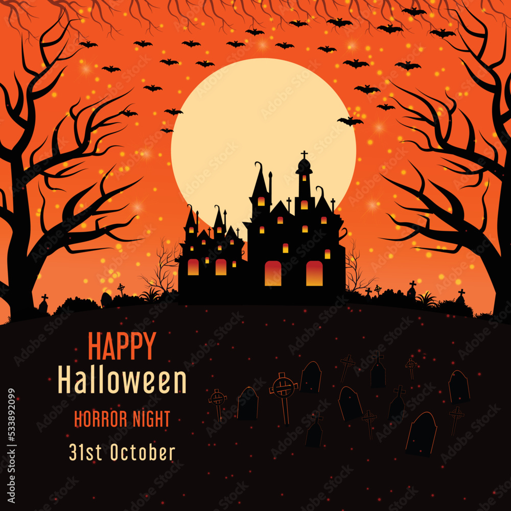 Halloween background with spooky haunted house bats flying banner or party invitation design 05