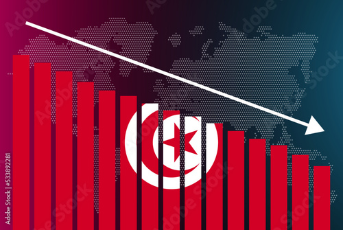 Tunisia bar chart graph, decreasing values, crisis and downgrade concept, news banner idea, fail and decrease