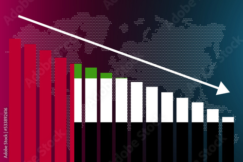 UAE bar chart graph, decreasing values, crisis and downgrade concept, news banner idea, fail and decrease