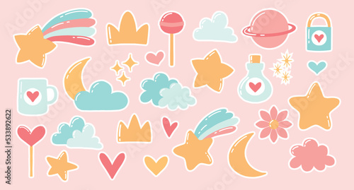 Cute set of elements. Elements for design. Heart, stars, clouds, lollipops, moon, planet, shooting star. Cartoon style. Vector illustration.A set of cute stickers.