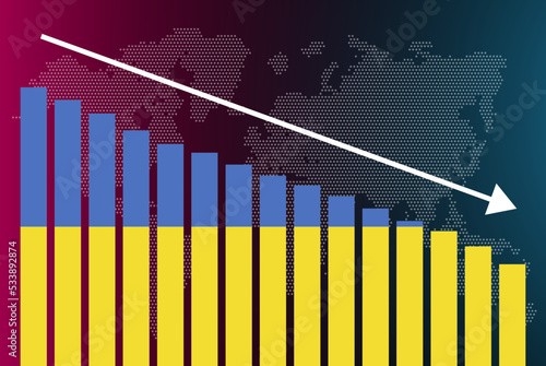 Ukraine bar chart graph, decreasing values, crisis and downgrade concept, news banner idea, fail and decrease