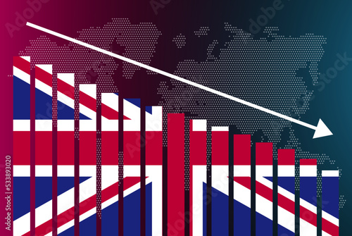 United Kingdom bar chart graph, decreasing values, crisis and downgrade concept, news banner idea, fail and decrease