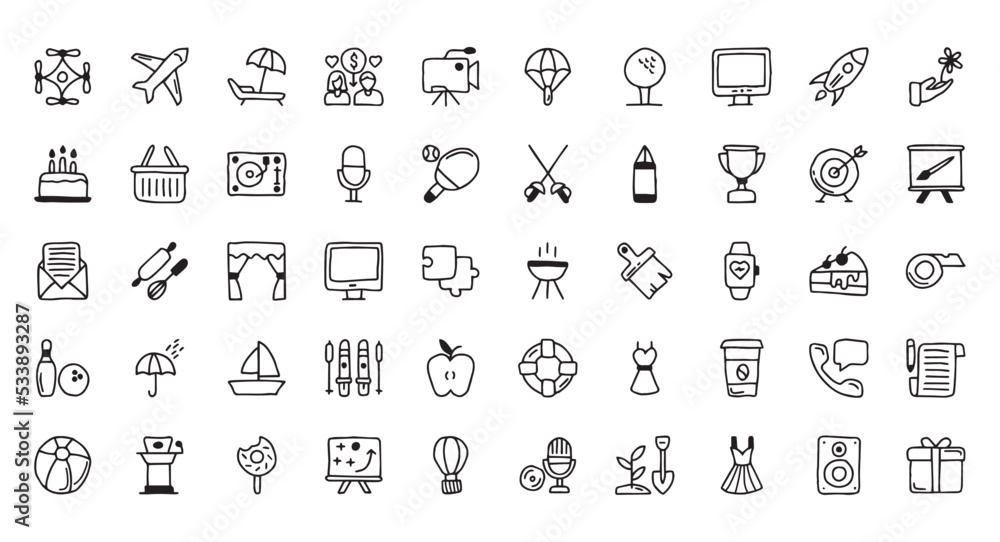 hobbies & interest icon pack, handdrawn icon