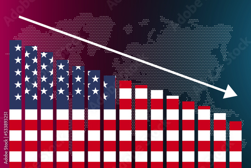 USA bar chart graph, decreasing values, crisis and downgrade concept, news banner idea, fail and decrease