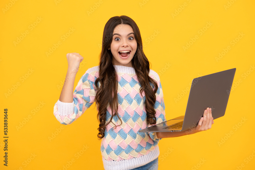 Excited face. Back to school, Teenager school girl with laptop computer. Amazed expression, cheerful and glad. Excited face. Back to school, Teenager school girl with laptop computer. Amazed expression, cheerful and glad.