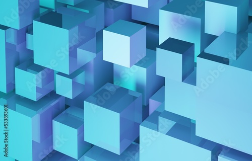 Abstract background with three-dimensional blue cubes, modern geometric background with shapes, 3d render