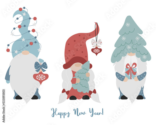 New year card family gnomes. Cute cartoon gnome girl and man with Christmas tree and Christmas balls and gifts. Vector illustration. Characters scandinavian gnomes for holiday decor and greeting card.