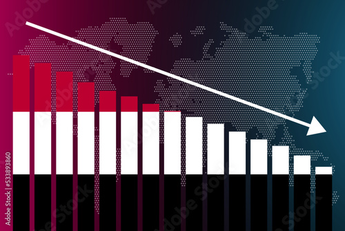 Yemen bar chart graph, decreasing values, crisis and downgrade concept, news banner idea, fail and decrease