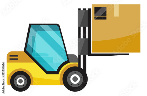 Yellow forklift lifting cardboard box. Storage truck