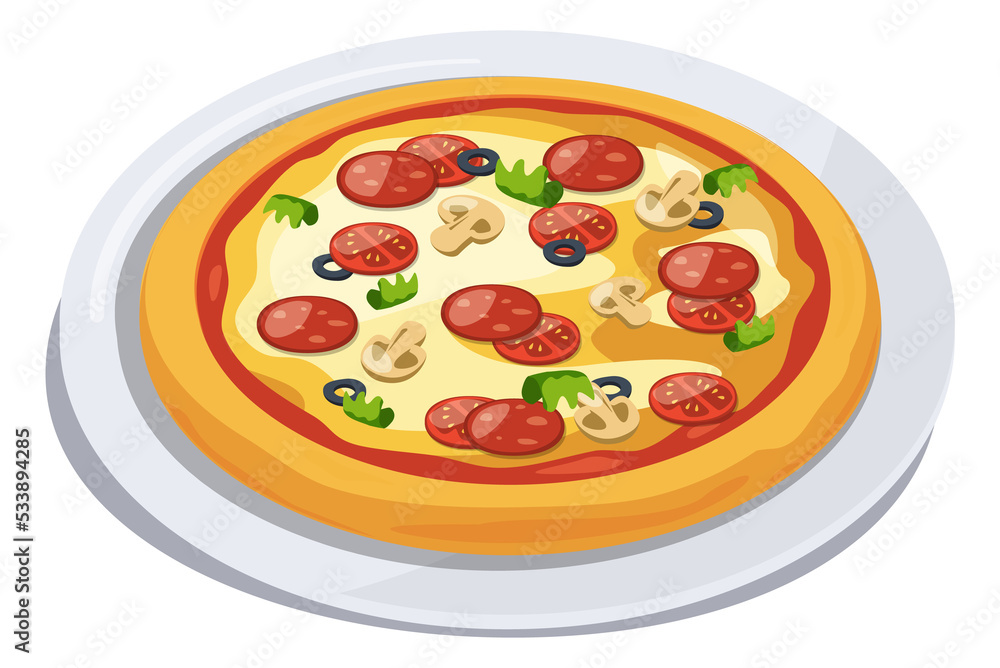 Pizza on plate. Italian hot dish in cartoon style Pizza on plate. Italian hot dish in cartoon style