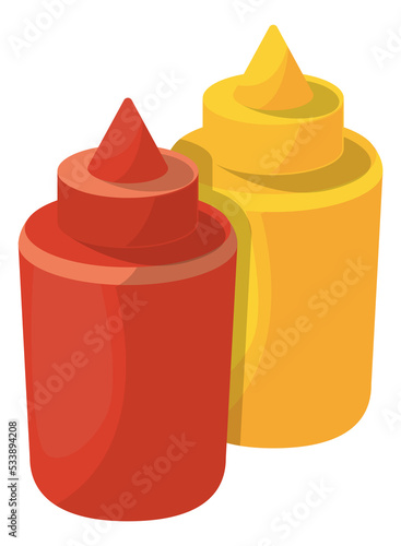 Ketchup and mustard in plastic bottles. Cartoon sauces