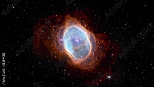 Southern ring nebula rotating against star field in outer space, astronomy scene 4K animation. Contains elements by Nasa