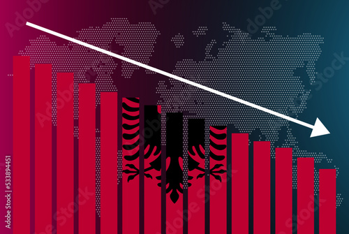 Albania bar chart graph, decreasing values, crisis and downgrade concept, news banner idea, fail and decrease