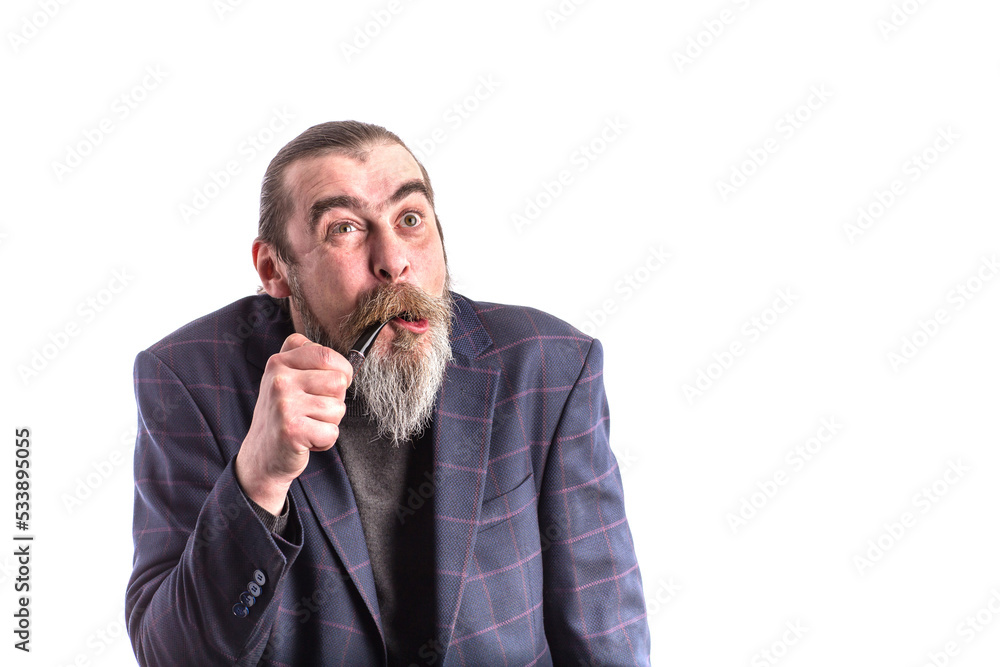 Portrait of a happy middle aged man.A middle aged man with a gray beard with a smoking pipe. Portrait of a happy middle aged man.A middle aged man with a gray beard with a smoking pipe.