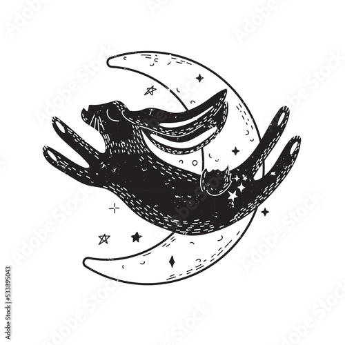 Magic rabbit and moon in Scandinavian style. Minimalist mystic hare. Black and white.