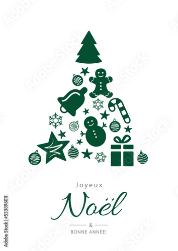 French text Joyeux Noël et Bonne Année! Merry Christmas and Happy New Year. Vector. Cartoon