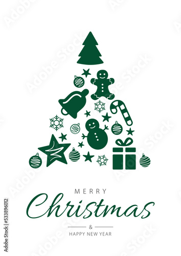 Merry Christmas and Happy New Year lettering with christmas tree made of christmas decorations