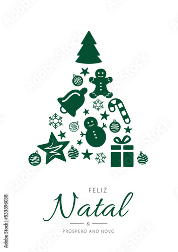 Portuguese text: Feliz Natal e próspero ano novo. Merry Christmas and Happy New Year. Vector. Cartoon