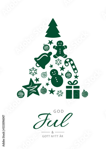 Swedish text God Jul och Gott Nytt År. Merry Christmas and Happy New Year. Vector. Cartoon