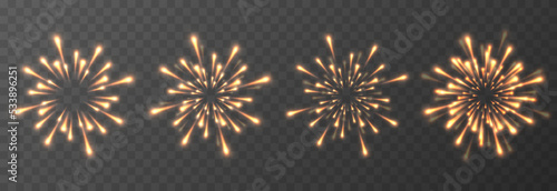 Vector set of festive fireworks on a transparent background. Fireworks of various shapes. Fireworks png, festive light png. Magic fireworks lights. Christmas light.