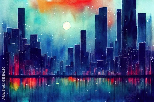 Watercolor retrowave metropolis at midnight, cyber twilight neon full moon glow behind tall skyscraper buildings and apartments. Calm peaceful blue and city light purple pink hues.