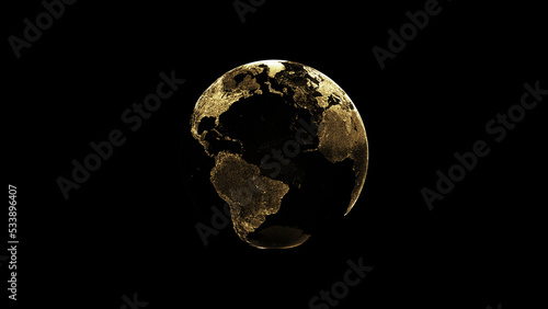 3D illustration of golden globe of the Earth planet from particulars on dark bac