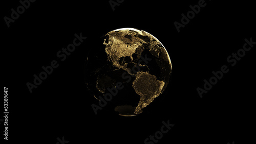 3D illustration of golden globe of the Earth planet from particulars on dark bac