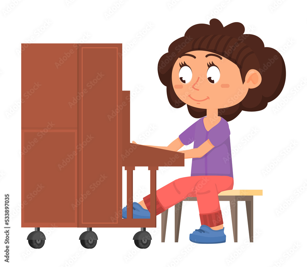 Girl playing on piano. Music school student in cartoon style Girl playing on piano. Music school student in cartoon style