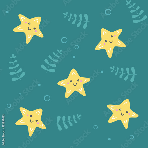 Seamless cute sea star, seaweed and bubbles pattern for kids. Cartoon vector illustration of ocean underwater world. Design element for children textile print or home decor