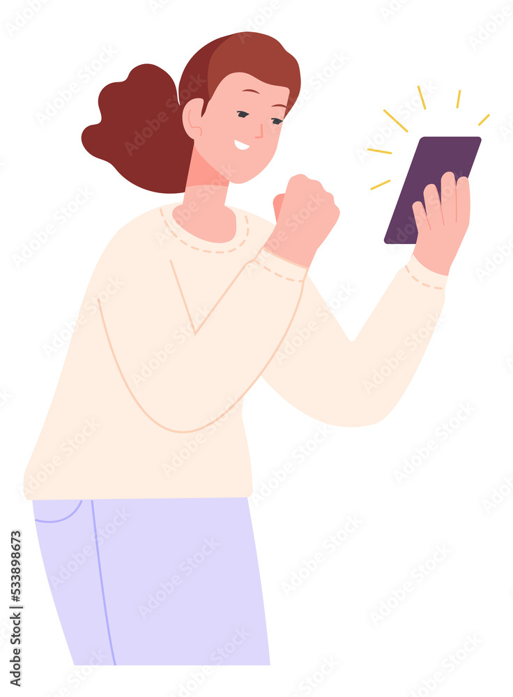 Smiling woman looking on phone. Good news concept
