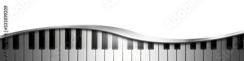 Close-up of a piano keyboard with metal curve, isolated on transparent background with copy space. Photography and 3D illustration, png.