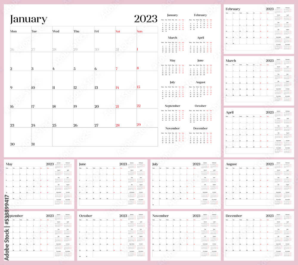 English language planer calendar 2023, Week starts with monday