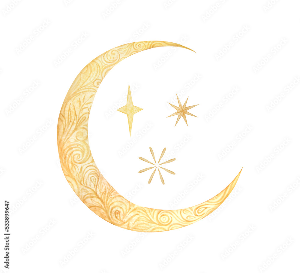 Watercolor illustration of decorated moon with stars isolated