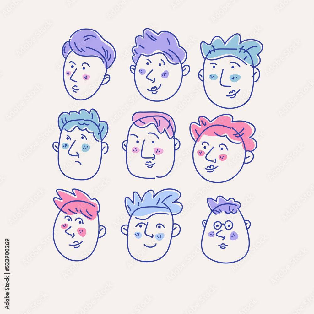 A set of illustration profiles of men. Faces of people of different types. Minimalistic cute cartoon-style graphics. A set of illustration profiles of men. Faces of people of different types. Minimalistic cute cartoon-style graphics.
