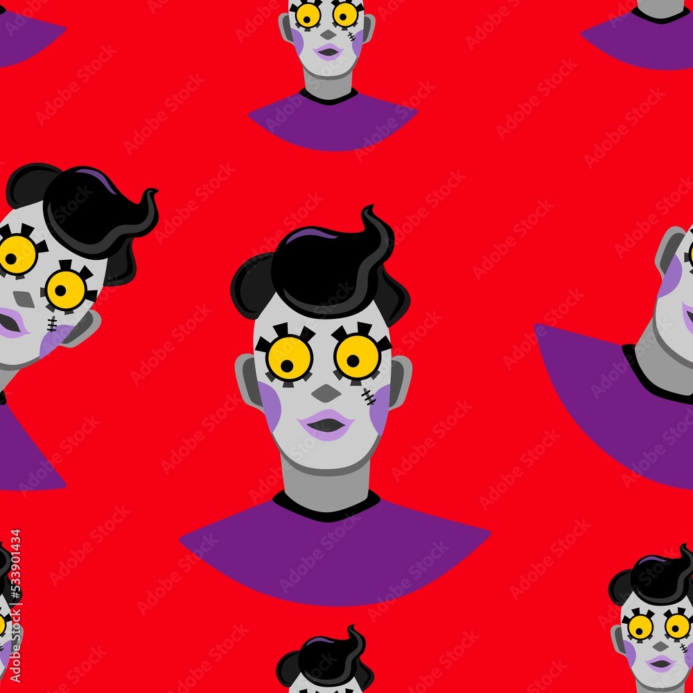Seamless pattern with a Zombie boy pattern. Black hair with fashionable styling, purple T-shirt. Funny eyes. Cute zombie.Fabrics, T-shirt printing.