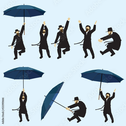Painting of Jewish followers in black clothes hat, suit and sash, dancing flying in the air holding umbrellas. 
An artistic and steamy illustration of an autumn day