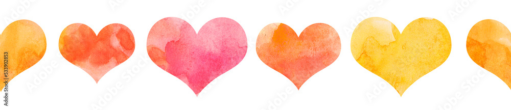 Watercolor hand painted pattern. Background with hearts in warm pastel colors. For wedding decorations or on St. Valentine's day.