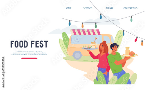 Street food truck festival banner or poster for web and social media, flat vector illustration. Fast food restaurant and cantina promotion web page mockup.