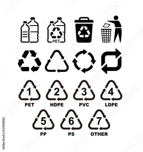 Recycling Symbols For Plastic. Vector icon illustration set