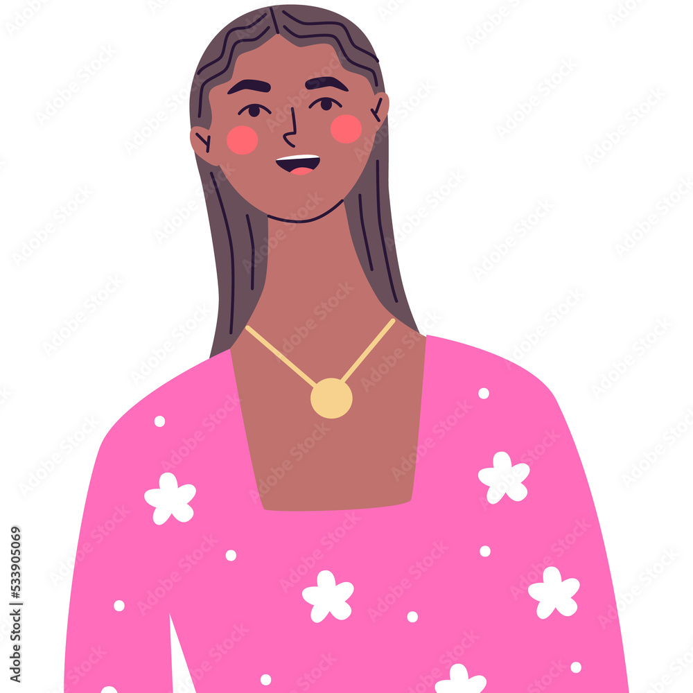 Happy young woman at celebration party. Birthday or New Year eve. Vector flat illustration, isolated on a white background Happy young woman at celebration party. Birthday or New Year eve. Vector flat illustration, isolated on a white background