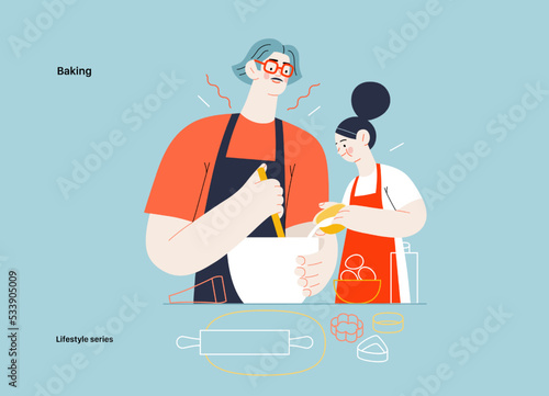 Lifestyle series -Baking -modern flat vector illustration of a man and a girl wearing aprons making the dough, baking cookies. The girl is pouring some milk into the mixture. People activities concept