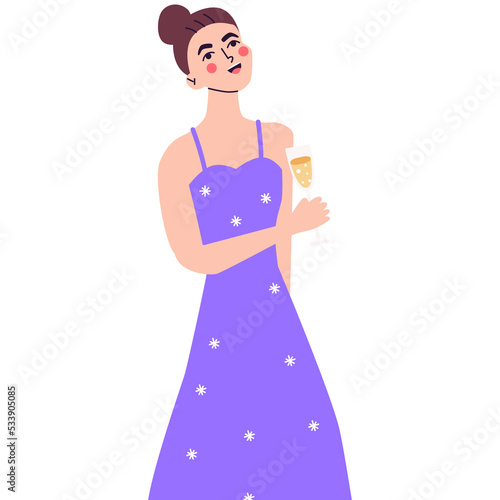 Happy young woman at celebration party. Birthday or New Year eve. Vector flat illustration  isolated on a white background