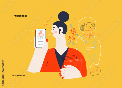 Lifestyle series - Audiobooks - modern flat vector illustration of a woman listening an audiobook with buds in the tablet application and a Victorian Era literary character. People activities concept
