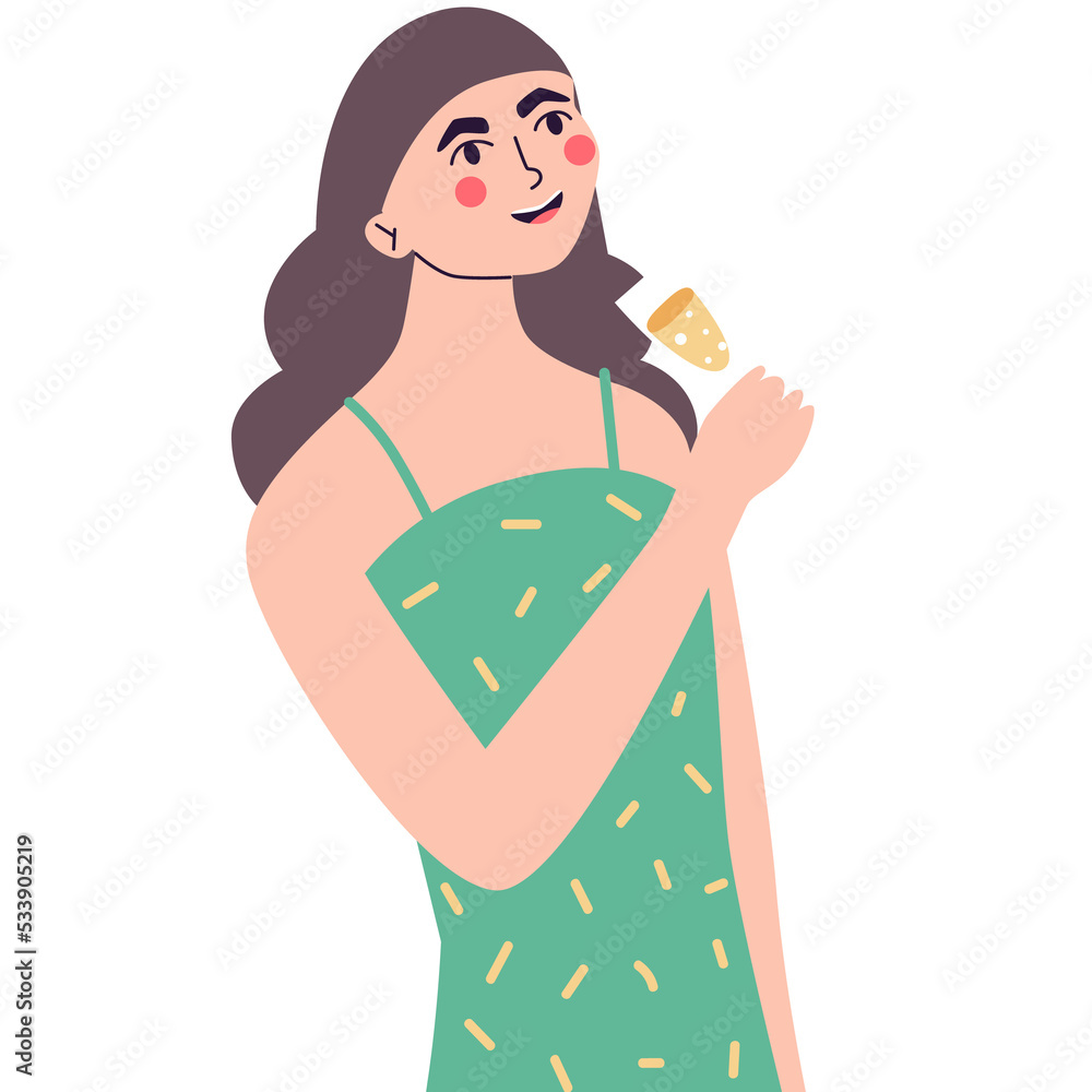 Happy young woman at celebration party. Birthday or New Year eve. Vector flat illustration, isolated on a white background Happy young woman at celebration party. Birthday or New Year eve. Vector flat illustration, isolated on a white background
