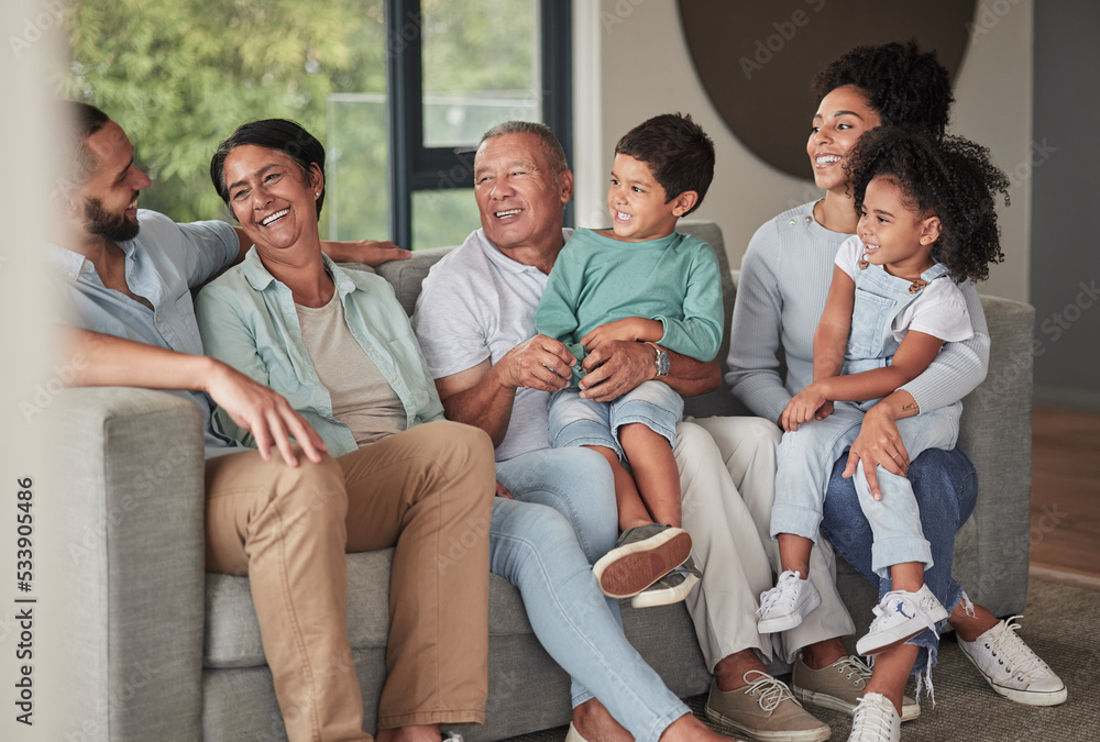 Children, parents and happy grandparents on sofa, generations of family together in living room. Love, home and couple with kids, grandma and grandpa from Brazil relax and smile on couch in new home. Children, parents and happy grandparents on sofa, generations of family together in living room. Love, home and couple with kids, grandma and grandpa from Brazil relax and smile on couch in new home.
