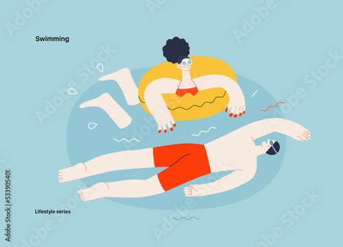 Lifestyle series - Swimming - modern flat vector illustration of a man and a woman swimming in the pool. People activities concept