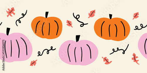 Cute hand drawn pumpkin vector border. Horizontal seamless doodle pattern cute pumpkins orange pink - use as Thanksgiving background, textiles, banners, footer, header, divider. Vector illustration